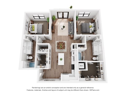 A 3D floor plan of a house with a kitchen, living room, and two bedrooms.